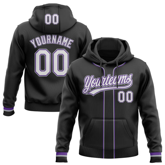 Custom Stitched Black White Purple-Gray Baseball Pullover Sweatshirt Hoodie - Main View