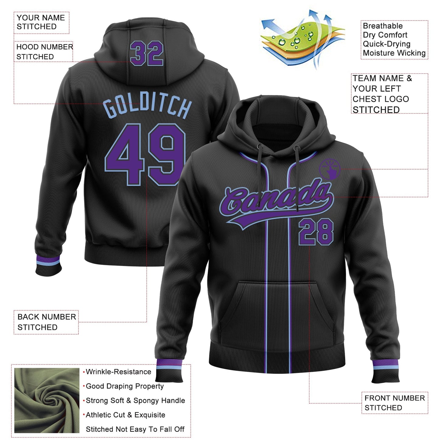 Custom Stitched Black Purple-Light Blue Baseball Pullover Sweatshirt Hoodie view 2