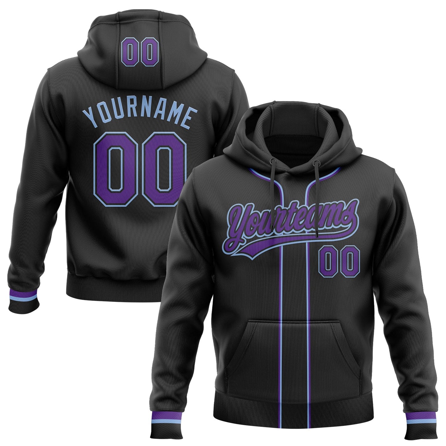 Custom Stitched Black Purple-Light Blue Baseball Pullover Sweatshirt Hoodie - Main View