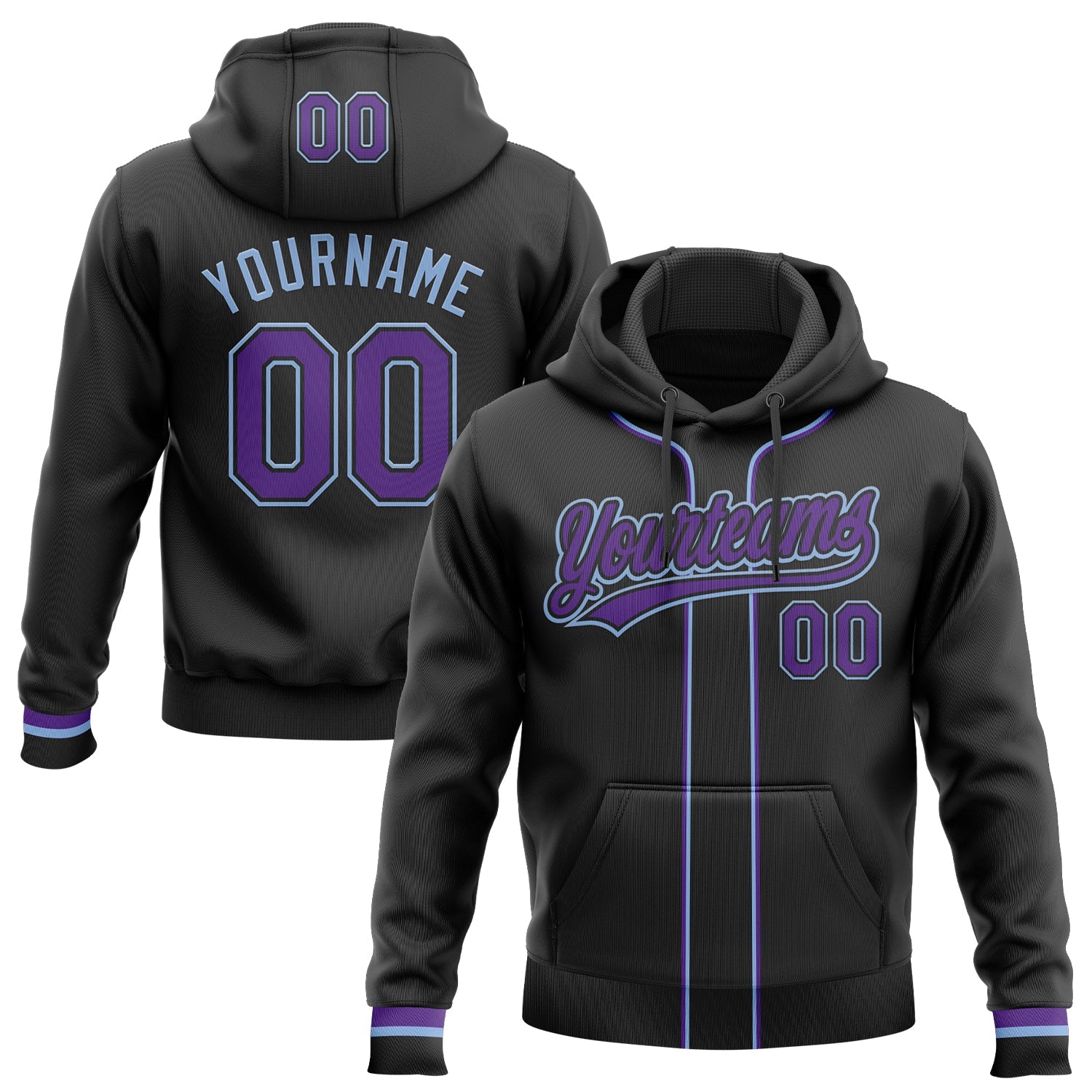 Custom Stitched Black Purple-Light Blue Baseball Pullover Sweatshirt Hoodie - Main View