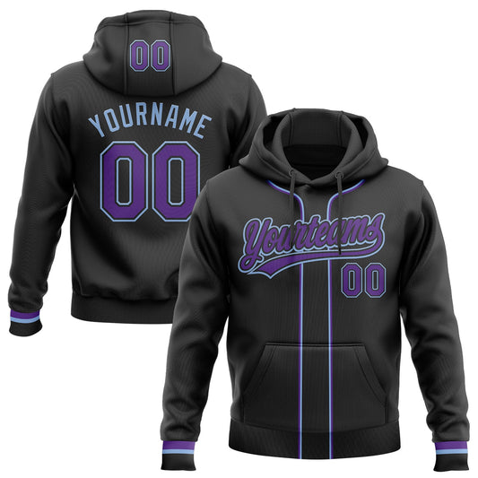 Custom Stitched Black Purple-Light Blue Baseball Pullover Sweatshirt Hoodie - Main View