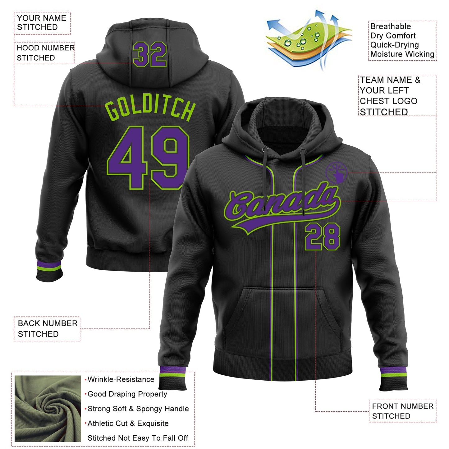 Custom Stitched Black Purple-Neon Green Baseball Pullover Sweatshirt Hoodie view 2