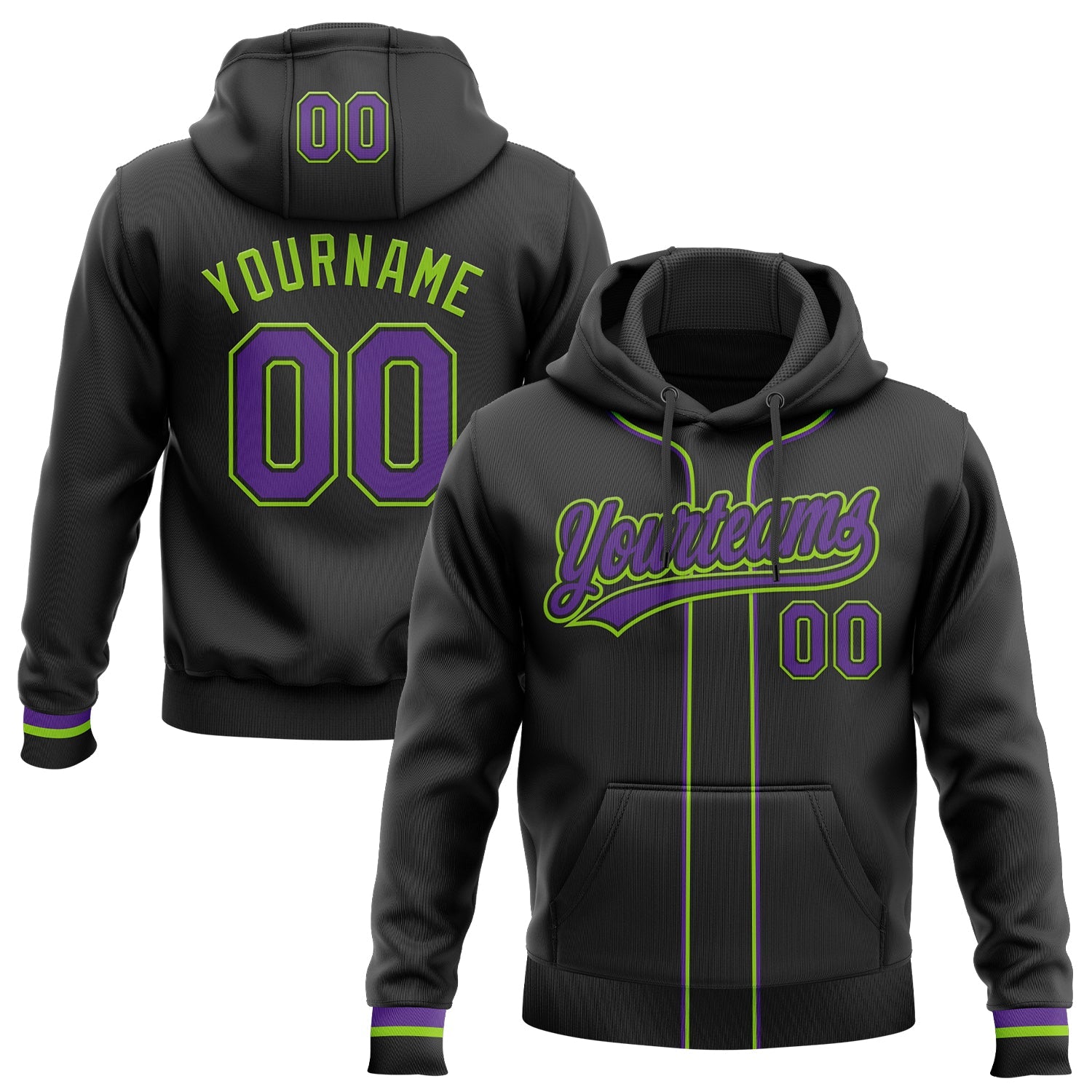 Custom Stitched Black Purple-Neon Green Baseball Pullover Sweatshirt Hoodie - Main View