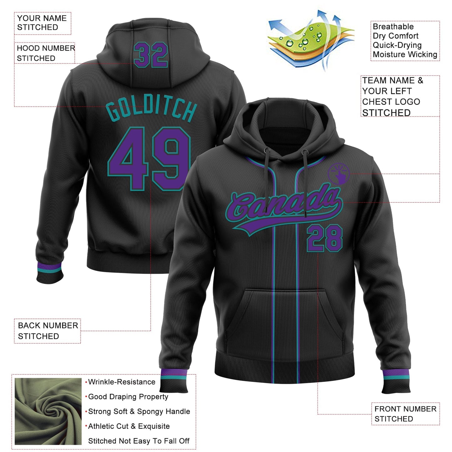 Custom Stitched Black Purple-Teal Baseball Pullover Sweatshirt Hoodie view 2