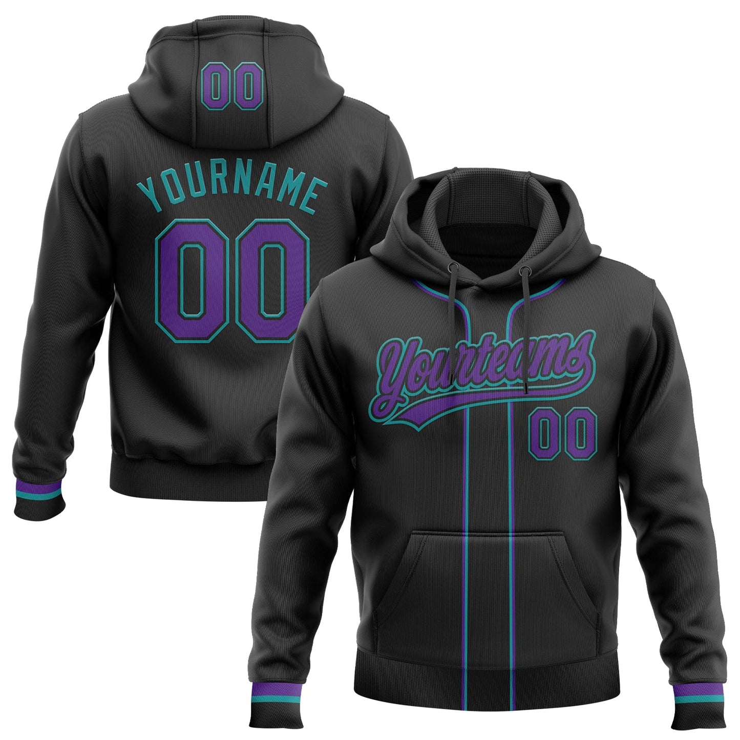 Custom Stitched Black Purple-Teal Baseball Pullover Sweatshirt Hoodie - Main View