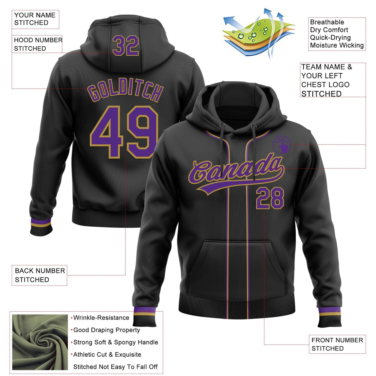 Custom Stitched Black Purple-Old Gold Baseball Pullover Sweatshirt Hoodie view 2