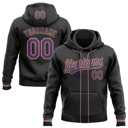 Custom Stitched Black Purple-Old Gold Baseball Pullover Sweatshirt Hoodie - Main View