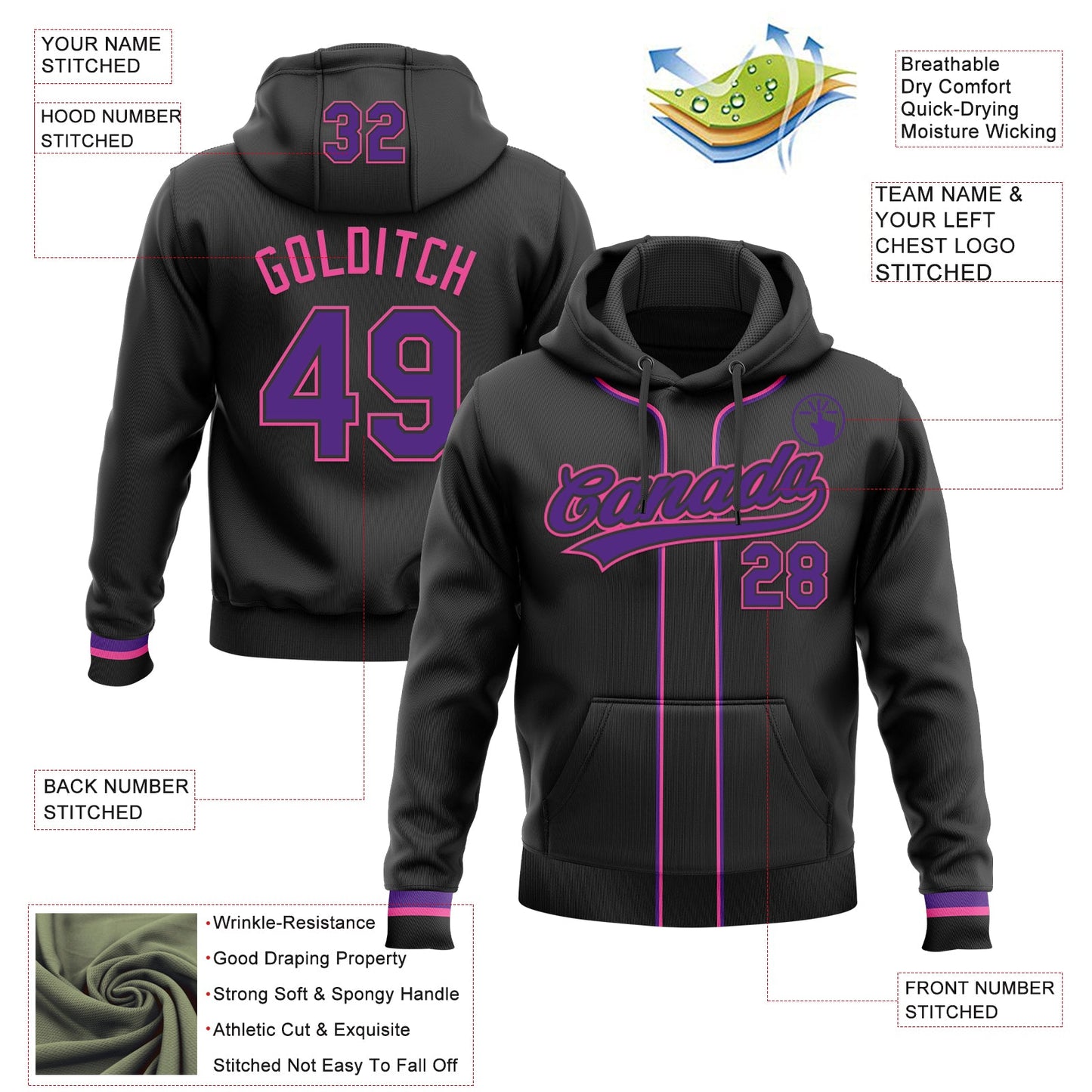Custom Stitched Black Purple-Pink Baseball Pullover Sweatshirt Hoodie view 2