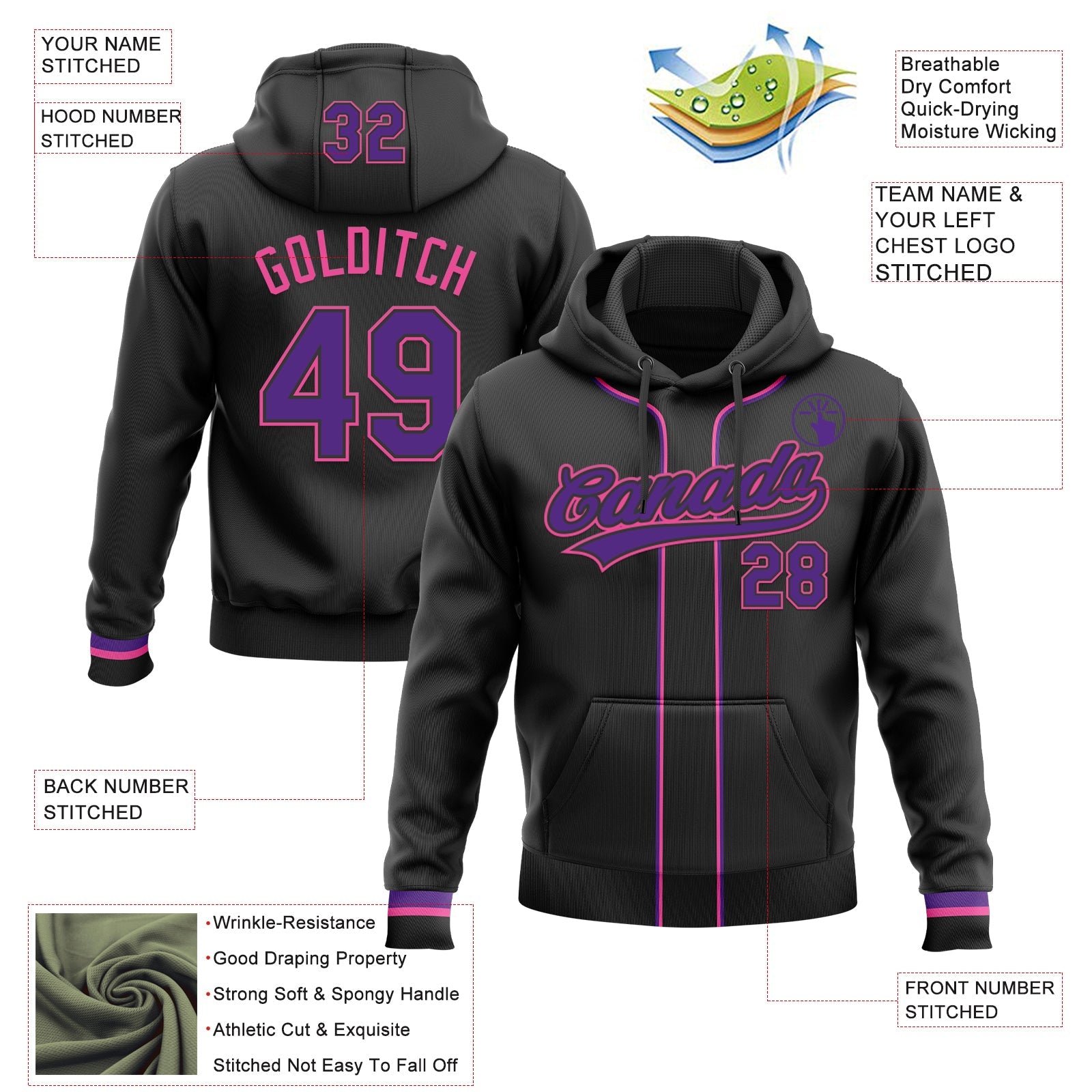Custom Stitched Black Purple-Pink Baseball Pullover Sweatshirt Hoodie view 2