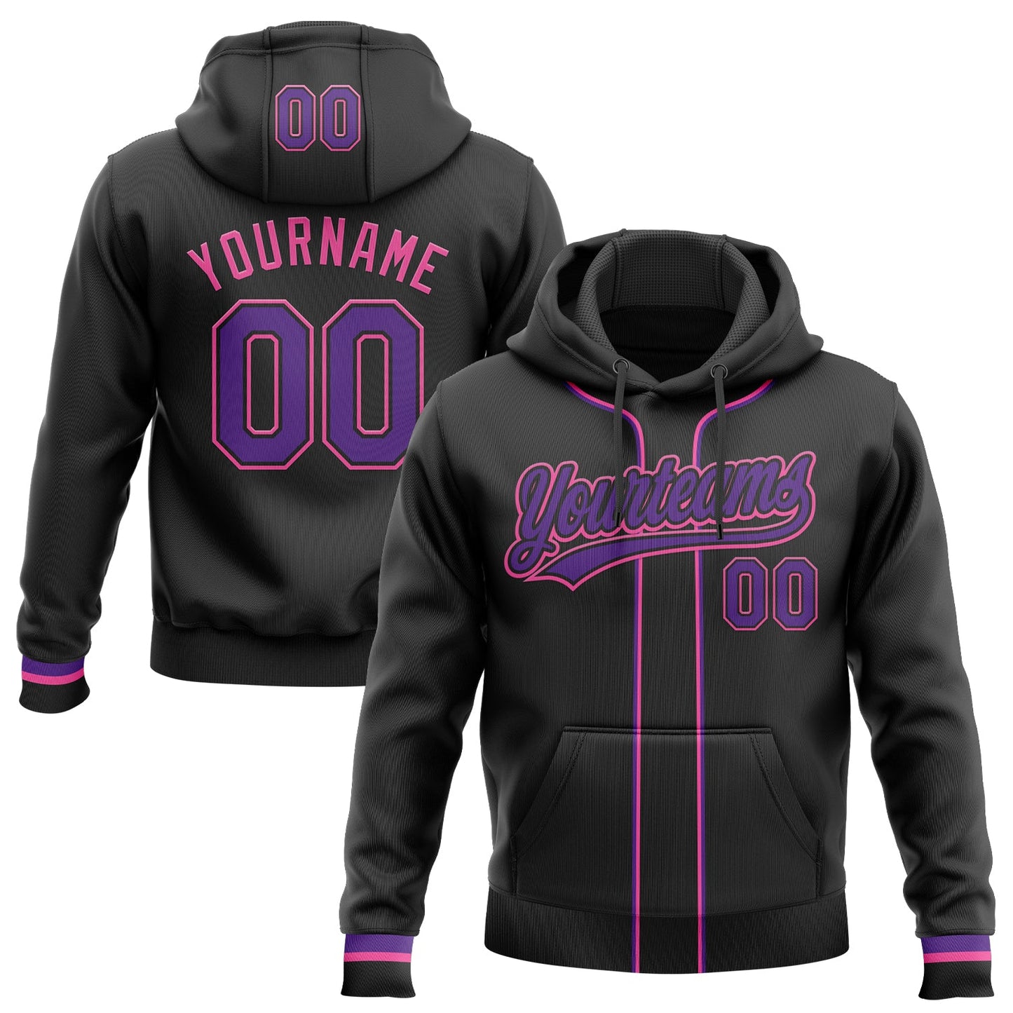 Custom Stitched Black Purple-Pink Baseball Pullover Sweatshirt Hoodie - Main View