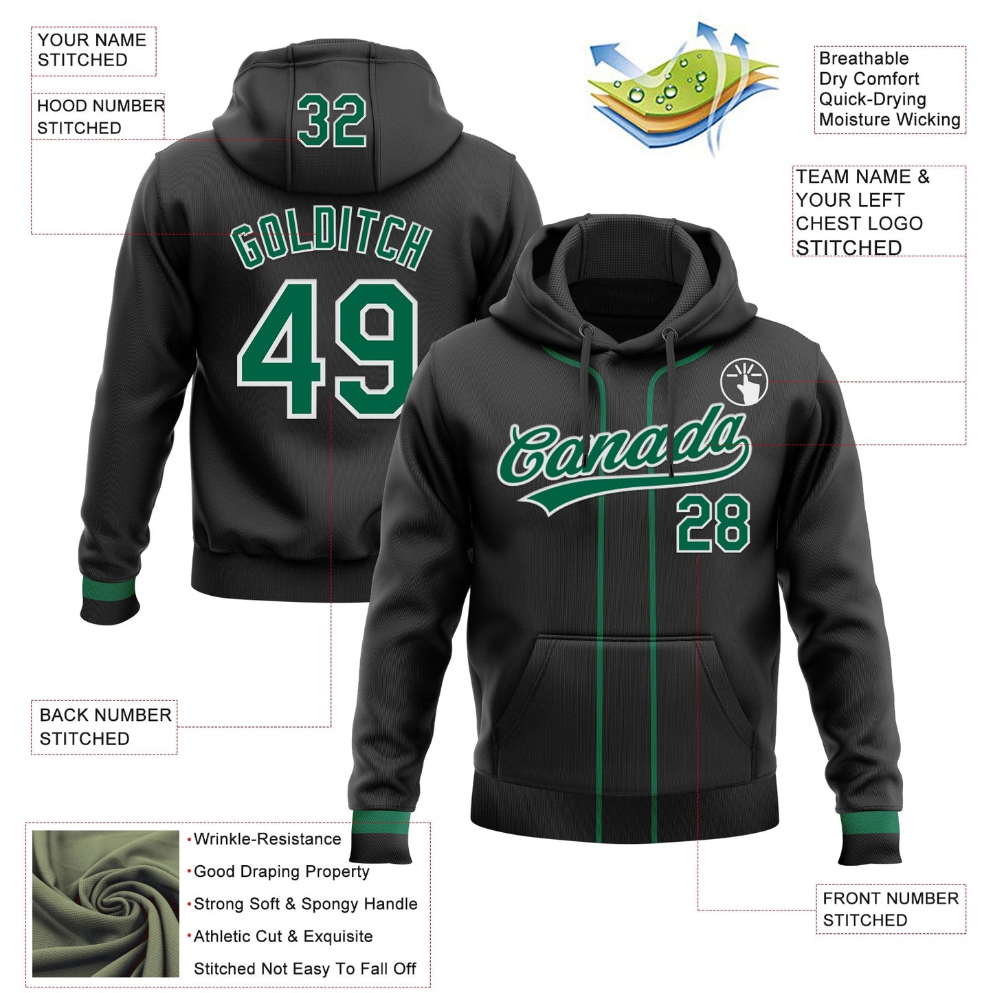 Custom Stitched Black Kelly Green-White Baseball Pullover Sweatshirt Hoodie view 2