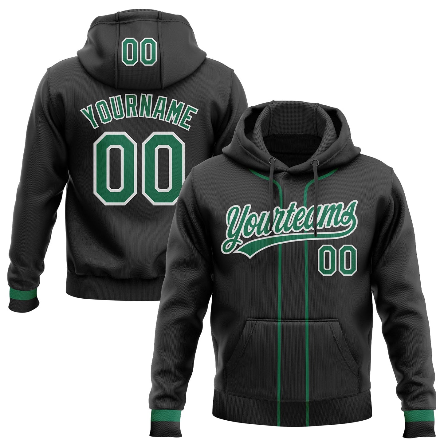 Custom Stitched Black Kelly Green-White Baseball Pullover Sweatshirt Hoodie - Main View