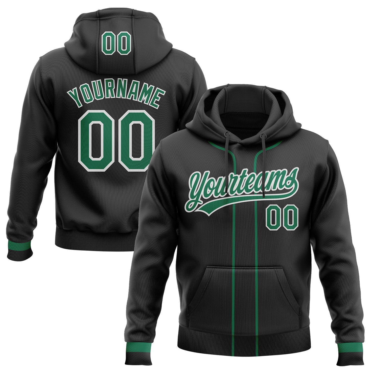 Custom Stitched Black Kelly Green-White Baseball Pullover Sweatshirt Hoodie - Main View