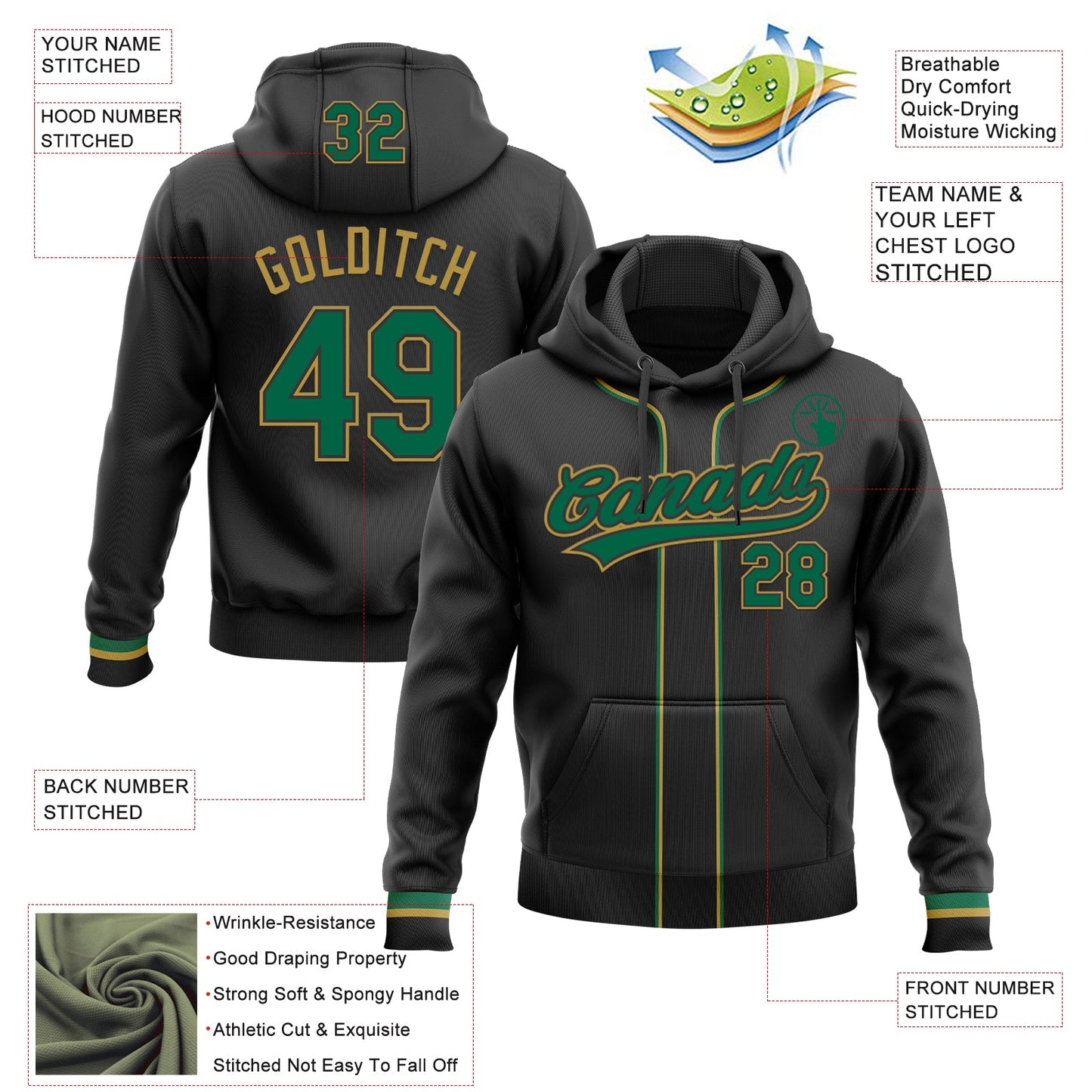 Custom Stitched Black Kelly Green-Old Gold Baseball Pullover Sweatshirt Hoodie view 2