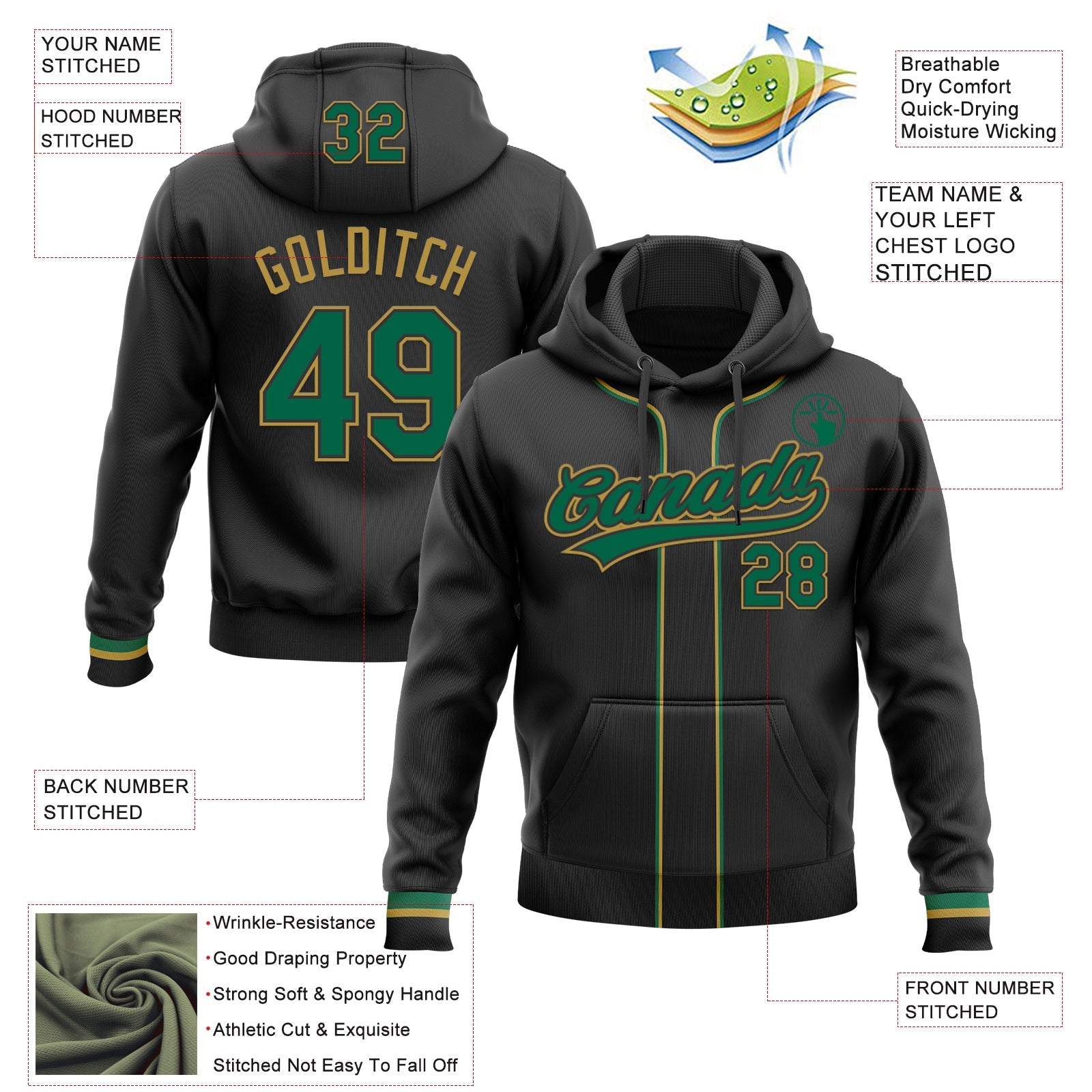 Custom Stitched Black Kelly Green-Old Gold Baseball Pullover Sweatshirt Hoodie view 2