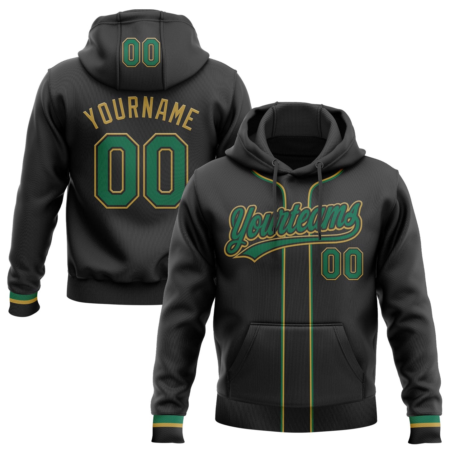 Custom Stitched Black Kelly Green-Old Gold Baseball Pullover Sweatshirt Hoodie - Main View