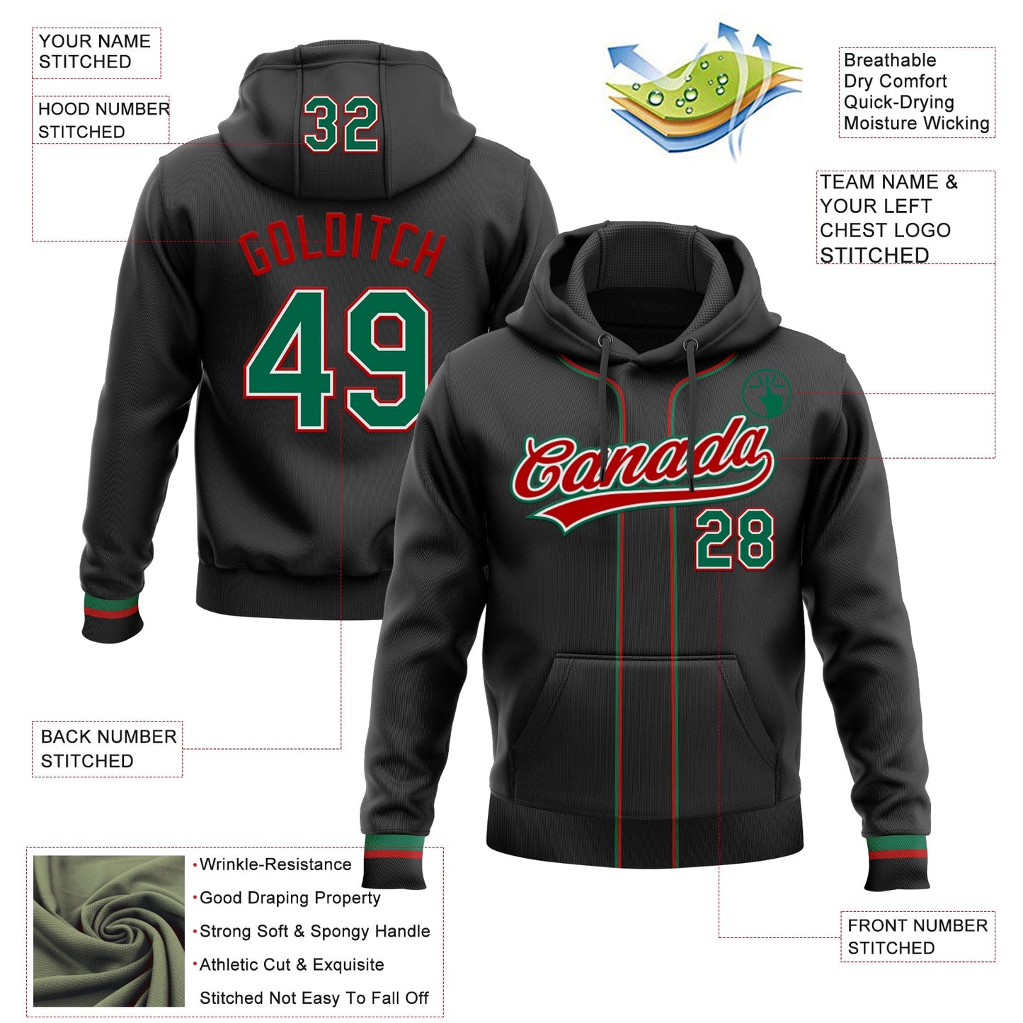 Custom Stitched Black Kelly Green Red-White Baseball Pullover Sweatshirt Hoodie view 2
