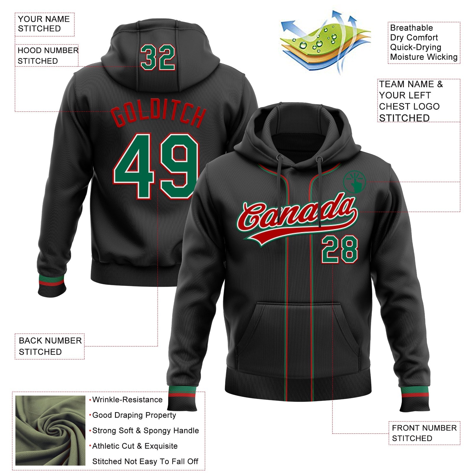 Custom Stitched Black Kelly Green Red-White Baseball Pullover Sweatshirt Hoodie view 2