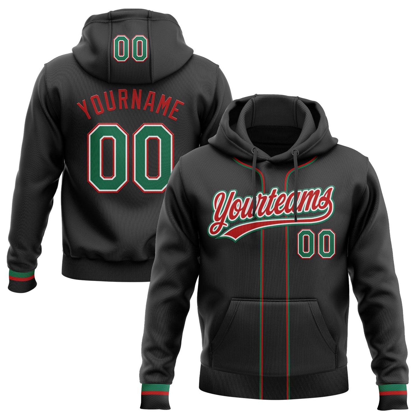 Custom Stitched Black Kelly Green Red-White Baseball Pullover Sweatshirt Hoodie - Main View