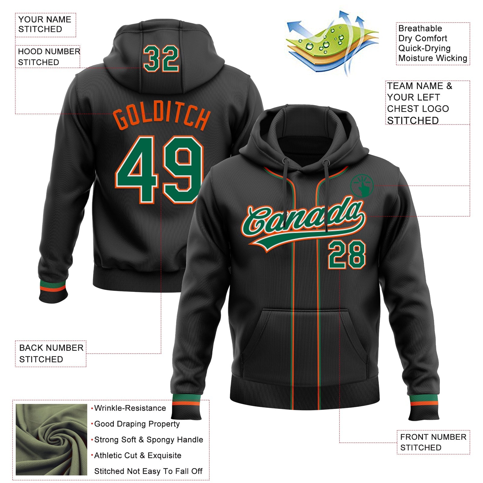 Custom Stitched Black Kelly Green Orange-White Baseball Pullover Sweatshirt Hoodie view 2