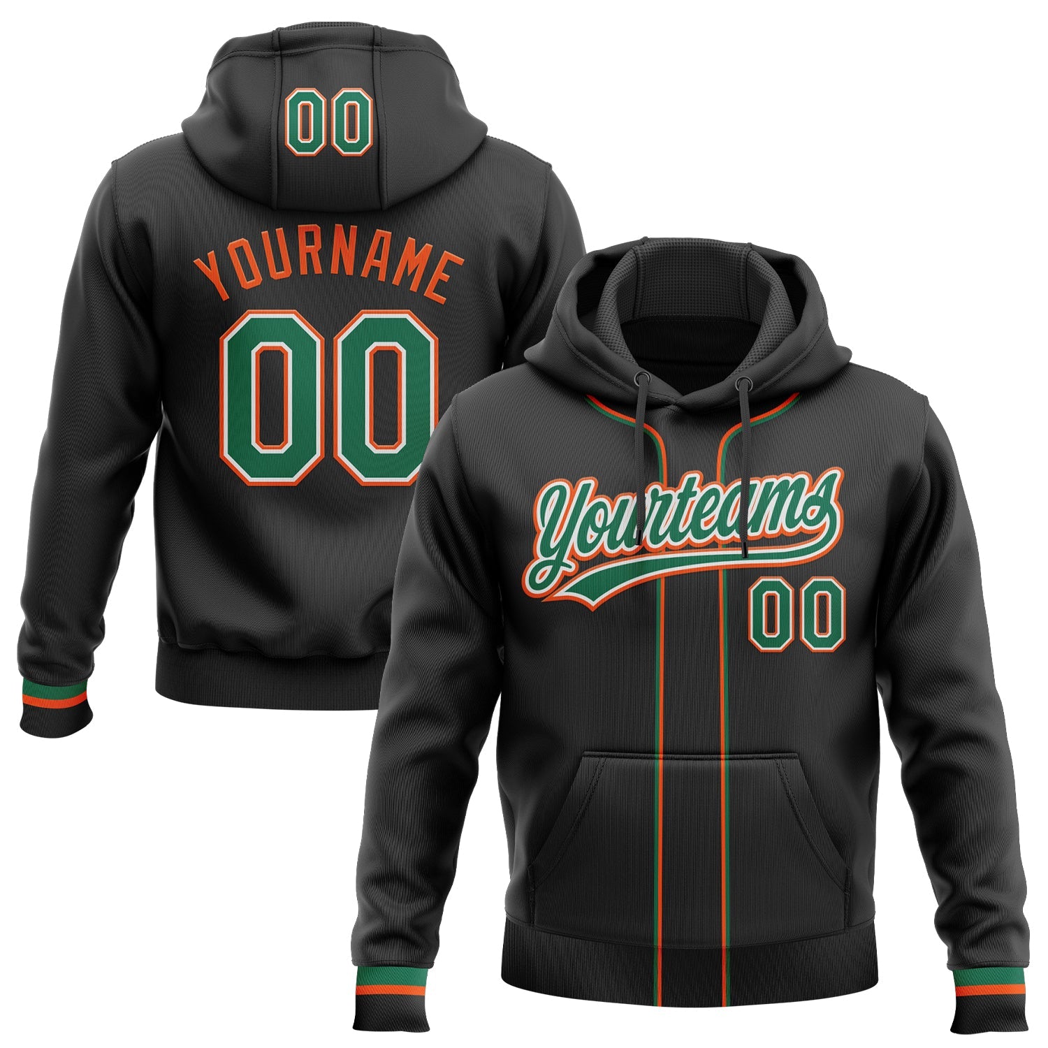 Custom Stitched Black Kelly Green Orange-White Baseball Pullover Sweatshirt Hoodie - Main View