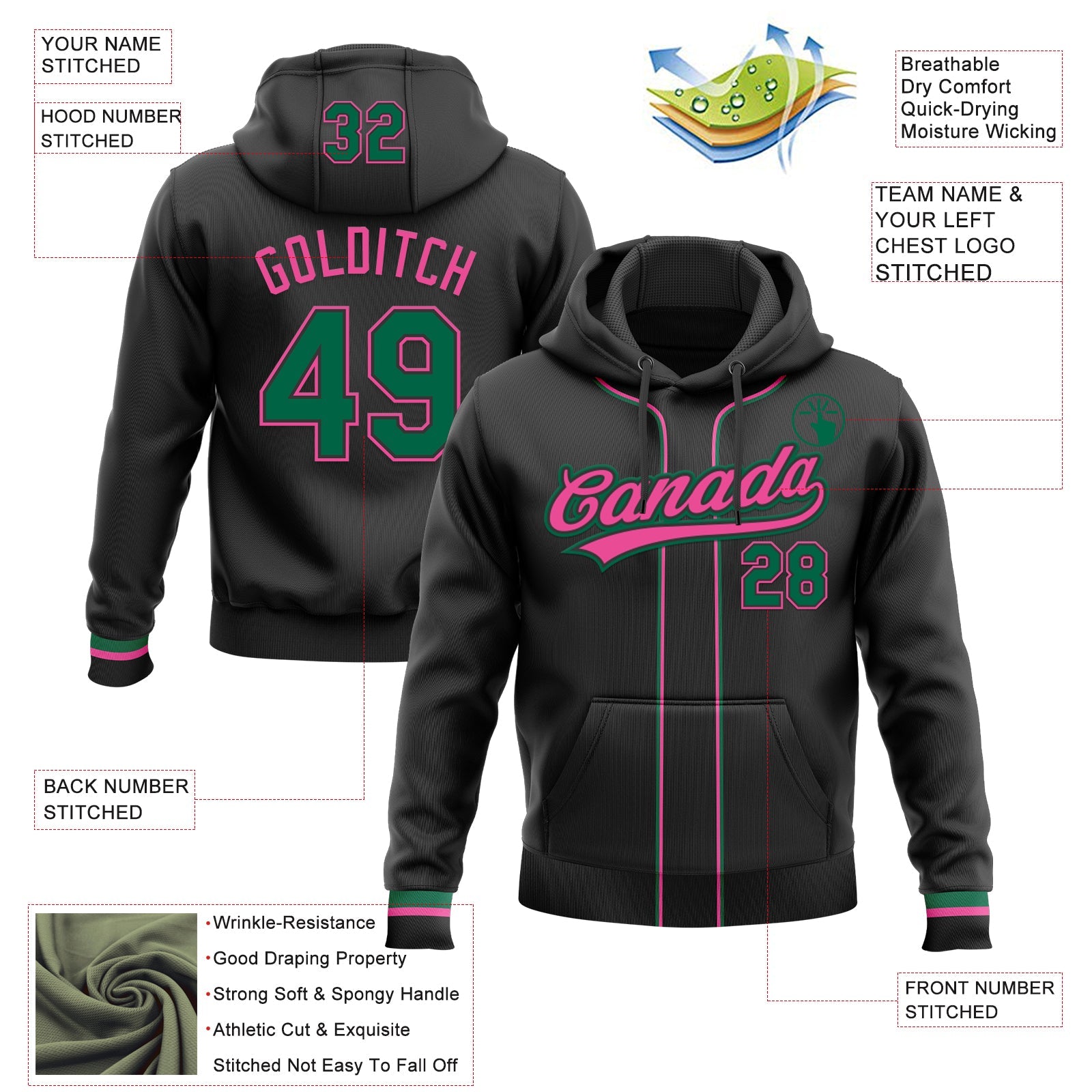 Custom Stitched Black Kelly Green-Pink Baseball Pullover Sweatshirt Hoodie view 2