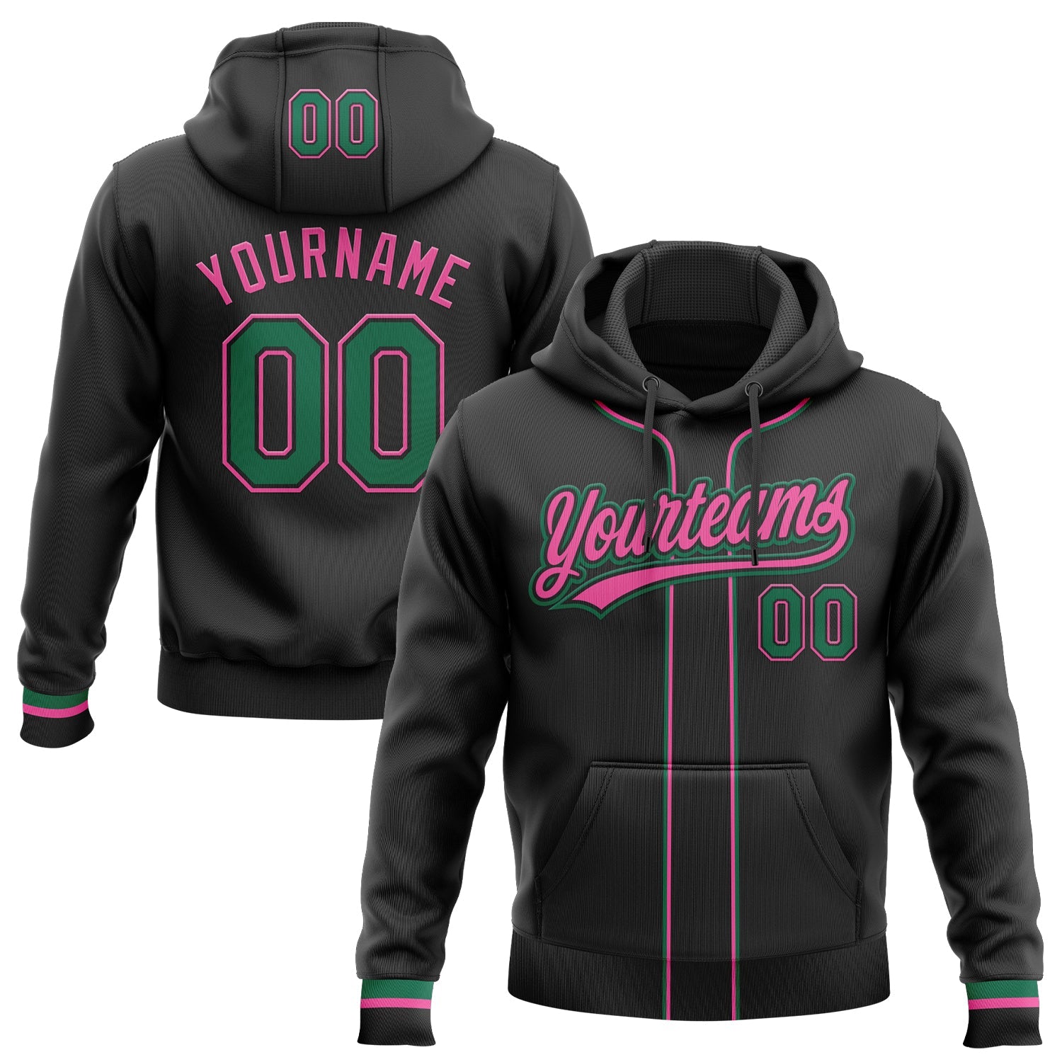 Custom Stitched Black Kelly Green-Pink Baseball Pullover Sweatshirt Hoodie - Main View