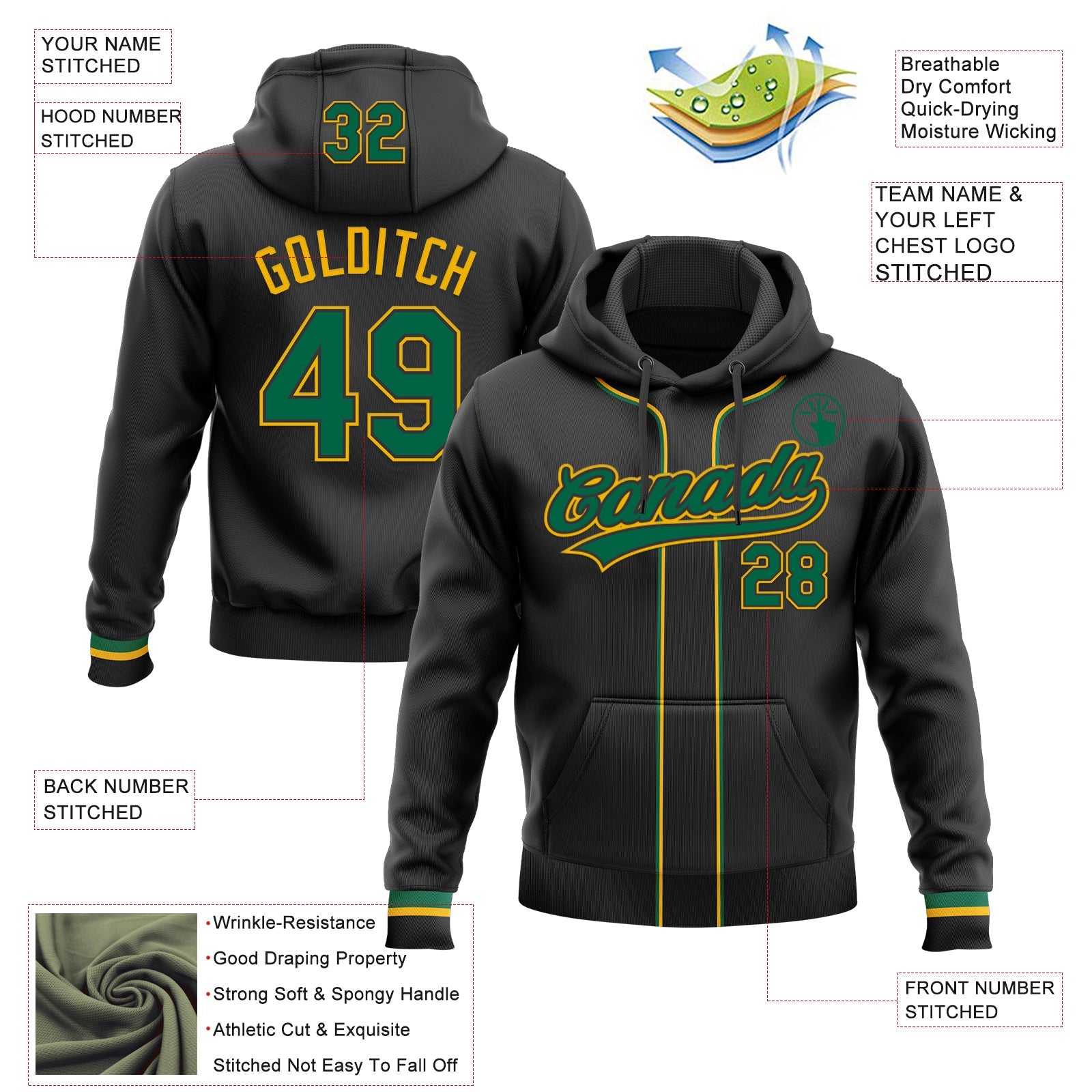 Custom Stitched Black Kelly Green-Gold Baseball Pullover Sweatshirt Hoodie view 2