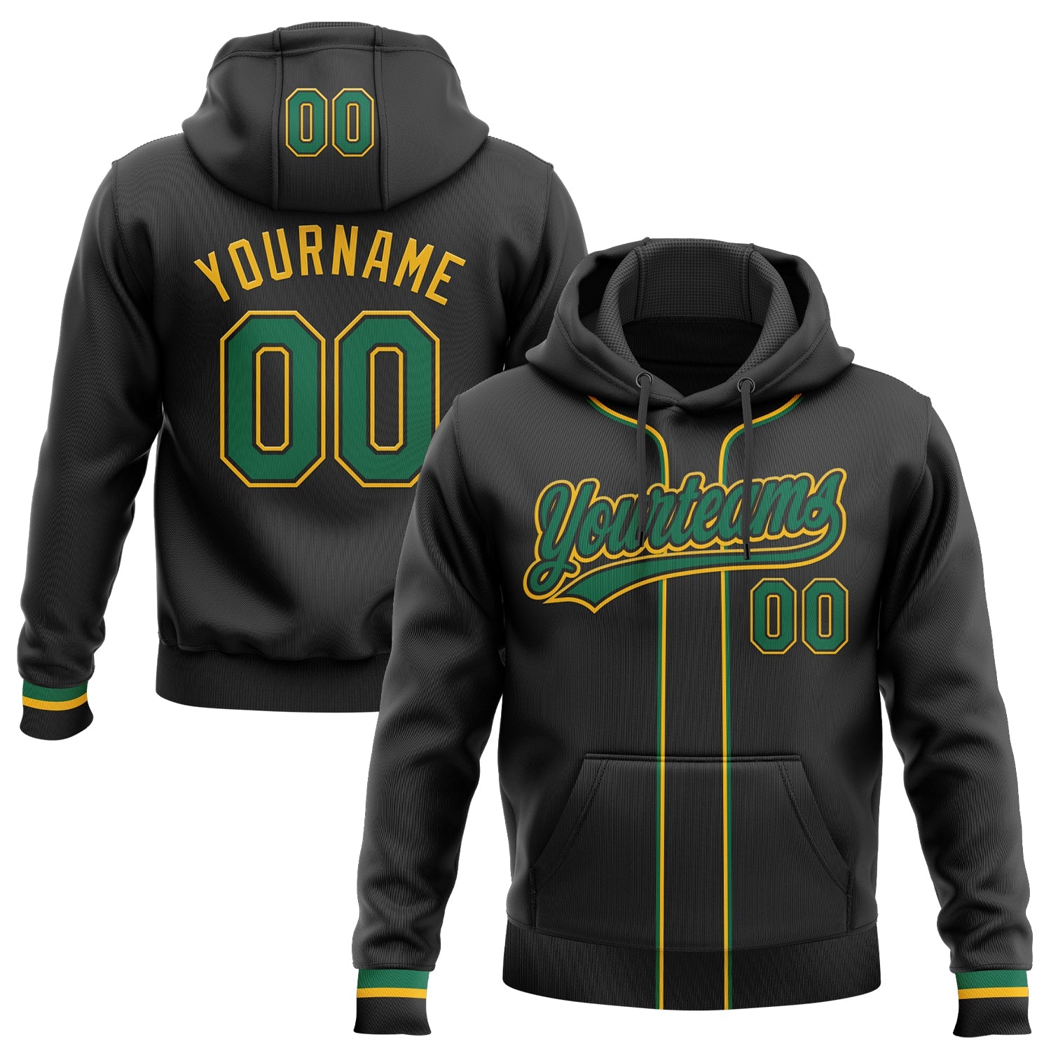 Custom Stitched Black Kelly Green-Gold Baseball Pullover Sweatshirt Hoodie - Main View