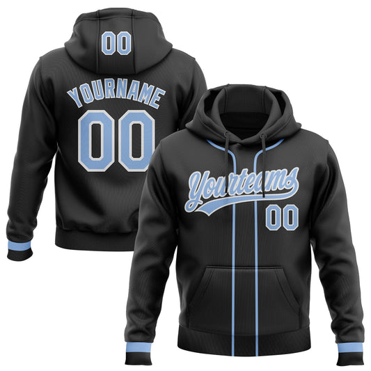 Custom Stitched Black Light Blue-White Baseball Pullover Sweatshirt Hoodie - Main View