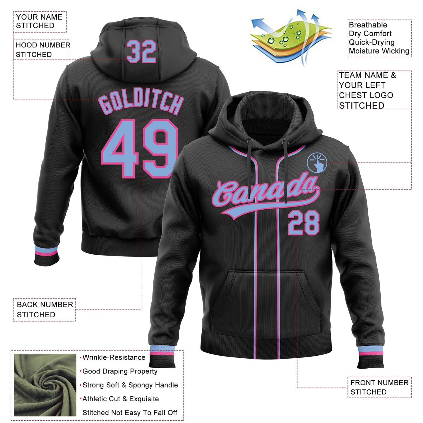 Custom Stitched Black Light Blue-Pink Baseball Pullover Sweatshirt Hoodie view 2