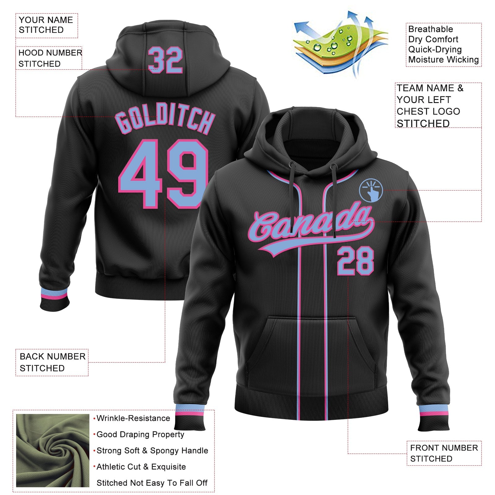 Custom Stitched Black Light Blue-Pink Baseball Pullover Sweatshirt Hoodie view 2