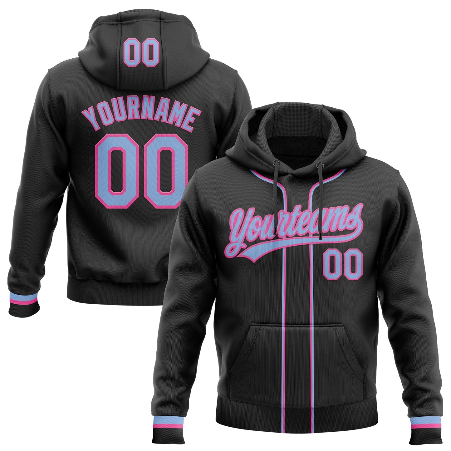 Custom Stitched Black Light Blue-Pink Baseball Pullover Sweatshirt Hoodie - Main View