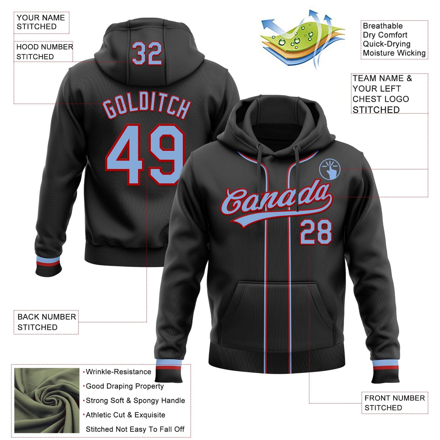 Custom Stitched Black Light Blue-Red Baseball Pullover Sweatshirt Hoodie view 2