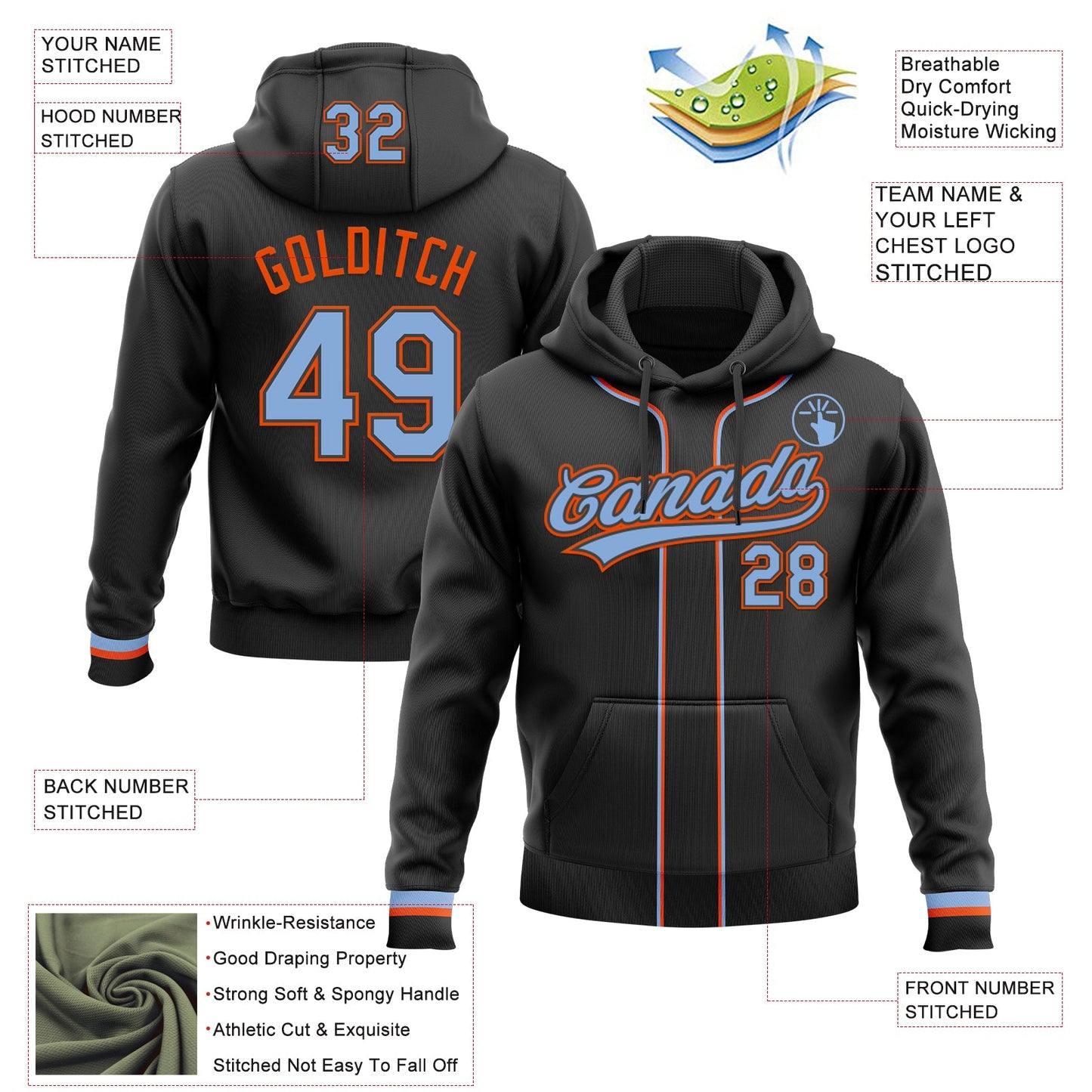 Custom Stitched Black Light Blue-Orange Baseball Pullover Sweatshirt Hoodie view 2