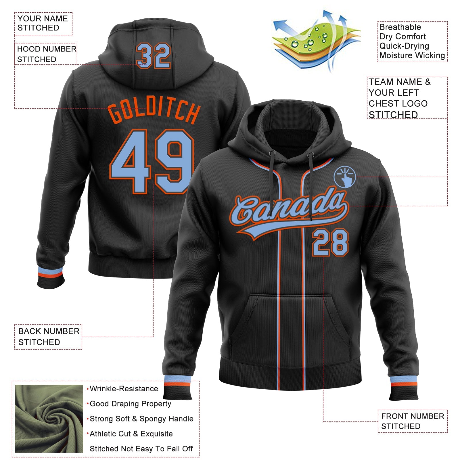Custom Stitched Black Light Blue-Orange Baseball Pullover Sweatshirt Hoodie view 2