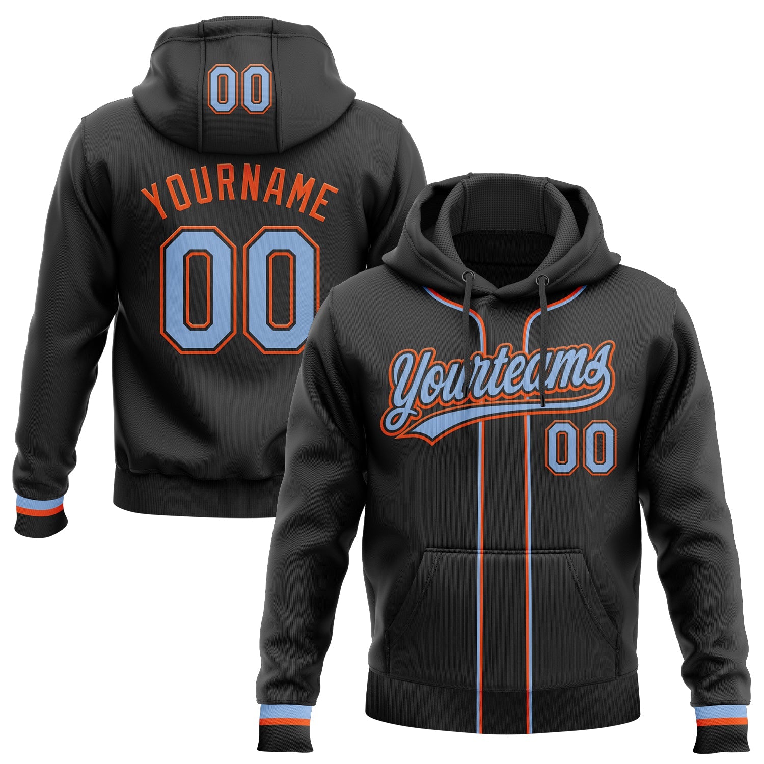 Custom Stitched Black Light Blue-Orange Baseball Pullover Sweatshirt Hoodie - Main View