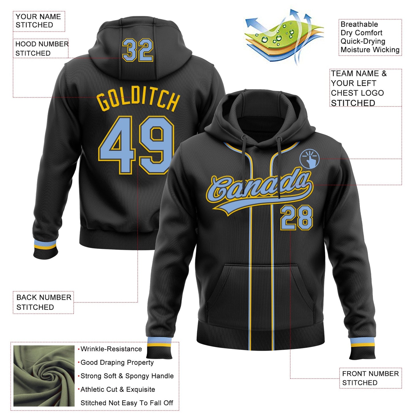 Custom Stitched Black Light Blue-Yellow Baseball Pullover Sweatshirt Hoodie view 2