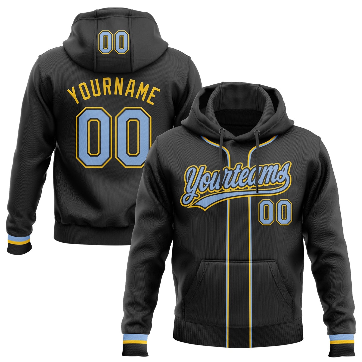 Custom Stitched Black Light Blue-Yellow Baseball Pullover Sweatshirt Hoodie - Main View