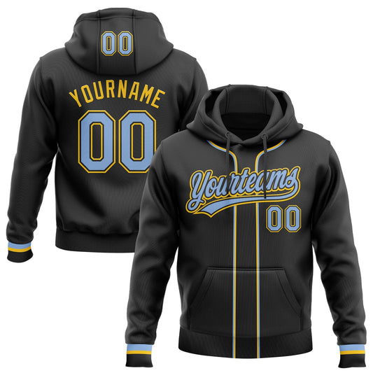 Custom Stitched Black Light Blue-Yellow Baseball Pullover Sweatshirt Hoodie - Main View