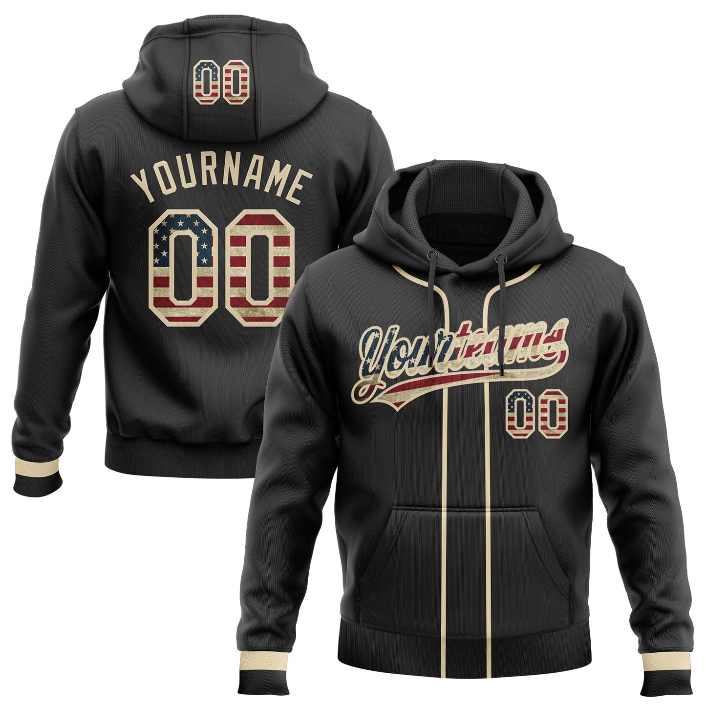 Custom Stitched Black Vintage USA Flag-Cream Baseball Pullover Sweatshirt Hoodie - Main View