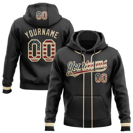 Custom Stitched Black Vintage USA Flag-Cream Baseball Pullover Sweatshirt Hoodie - Main View