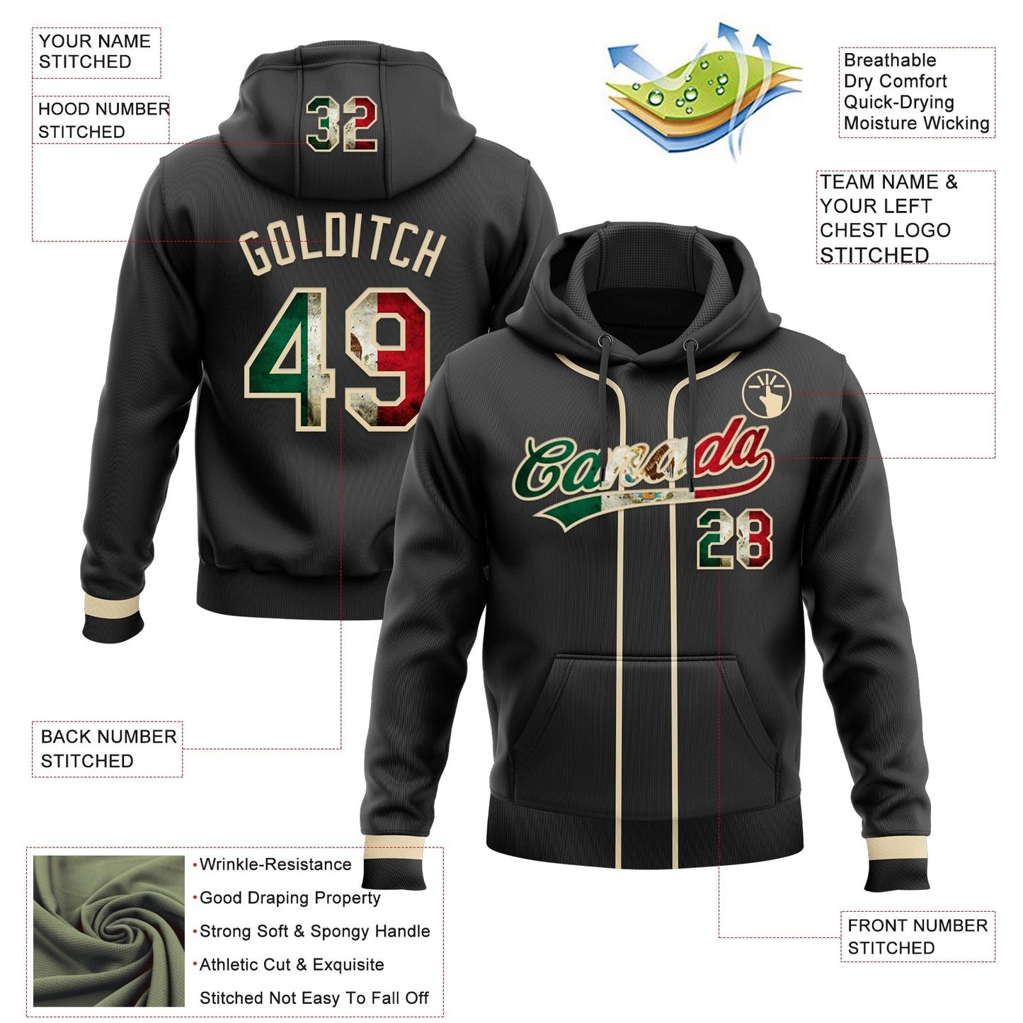 Custom Stitched Black Vintage Mexican Flag-Cream Baseball Pullover Sweatshirt Hoodie view 2