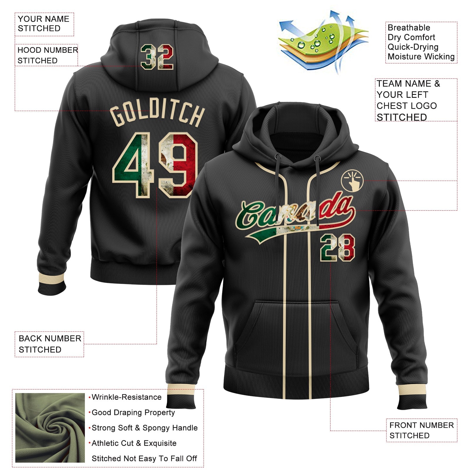 Custom Stitched Black Vintage Mexican Flag-Cream Baseball Pullover Sweatshirt Hoodie view 2