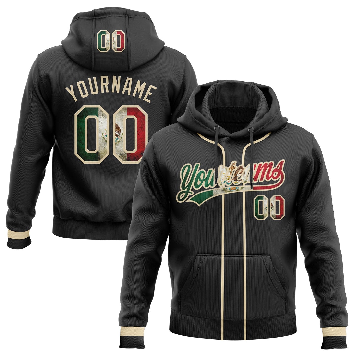 Custom Stitched Black Vintage Mexican Flag-Cream Baseball Pullover Sweatshirt Hoodie - Main View