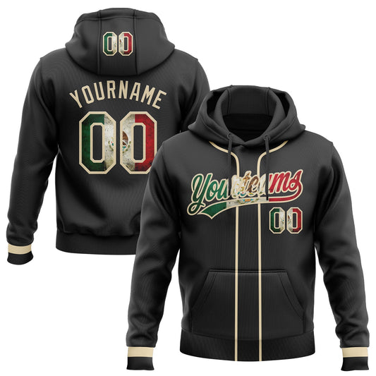 Custom Stitched Black Vintage Mexican Flag-Cream Baseball Pullover Sweatshirt Hoodie - Main View