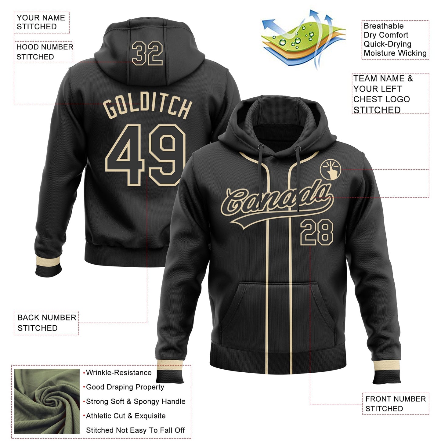 Custom Stitched Black Cream Baseball Pullover Sweatshirt Hoodie view 2