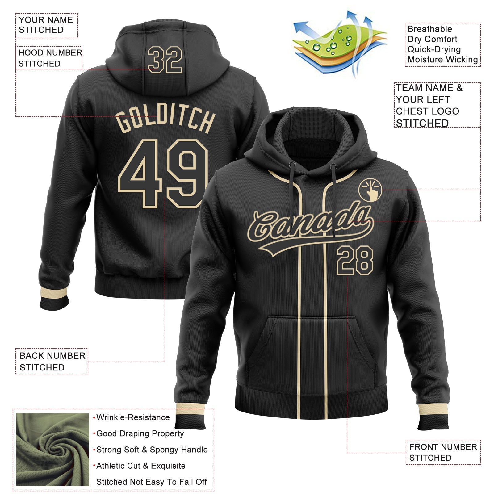 Custom Stitched Black Cream Baseball Pullover Sweatshirt Hoodie view 2