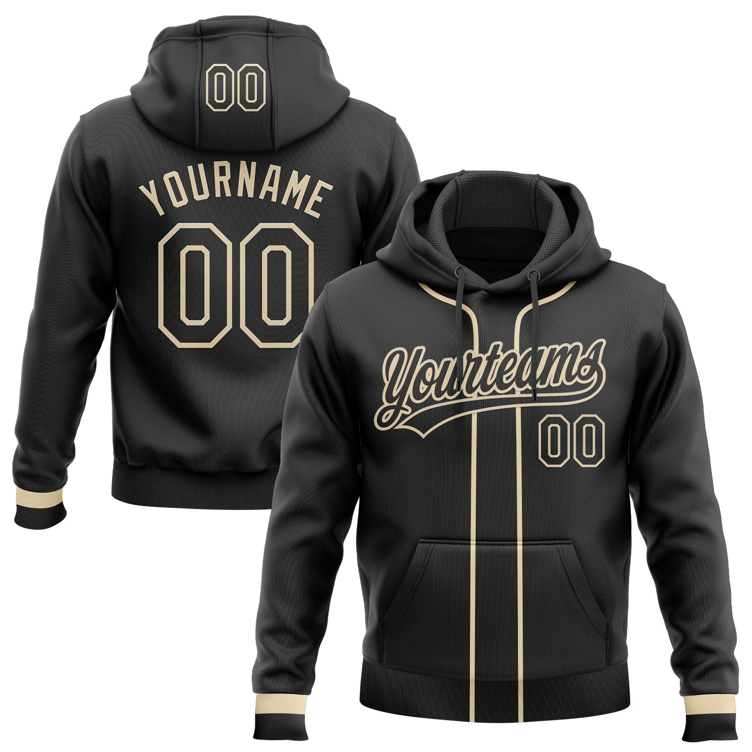 Custom Stitched Black Cream Baseball Pullover Sweatshirt Hoodie - Main View