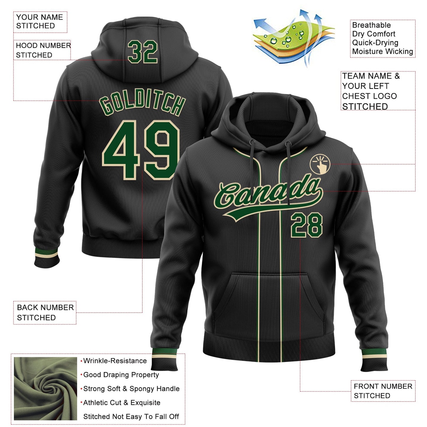 Custom Stitched Black Green-Cream Baseball Pullover Sweatshirt Hoodie view 2